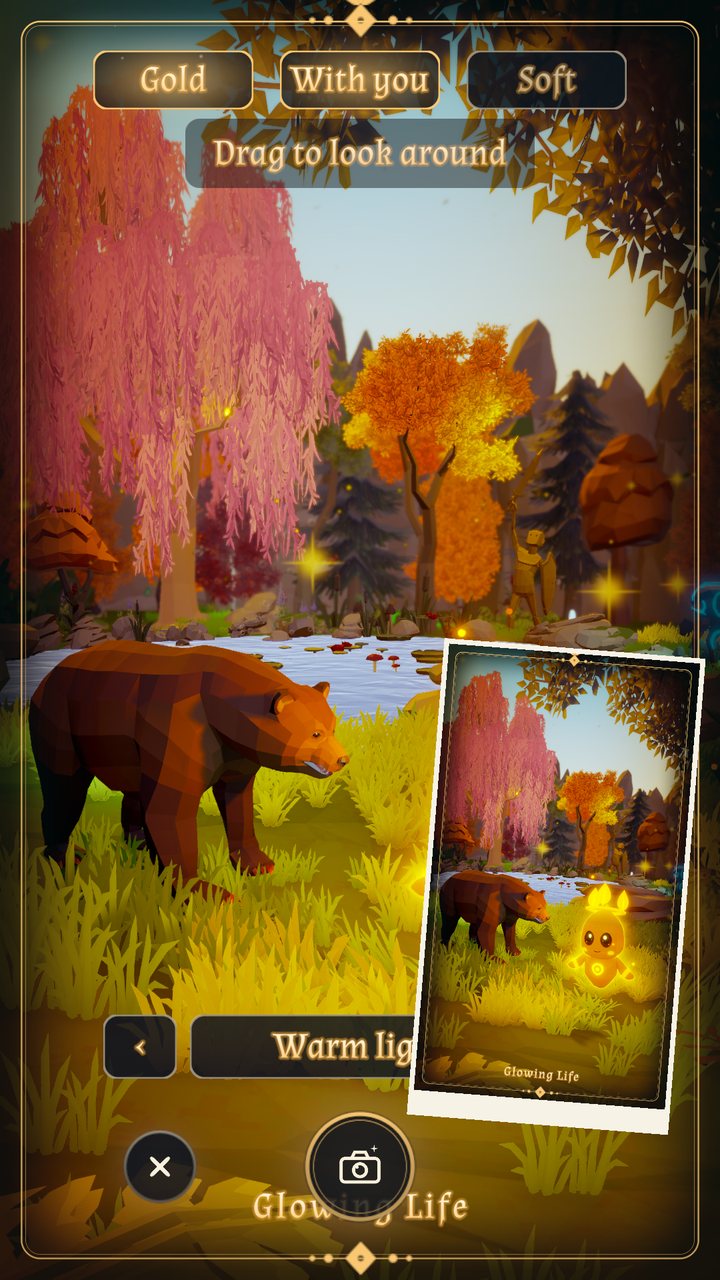 The photo mode in the grove: a brown bear in the grass by the pond under pink and orange trees, buttons for frame and filter around the edge, and in the lower right corner the photo just taken, the bear beside the glowing light being in a golden frame