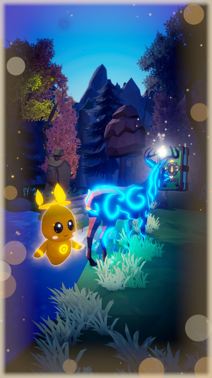 A night photo inside a frame of soft round lights: the light being, a deer glowing in blue and the level book on its stand, under a moonlit sky