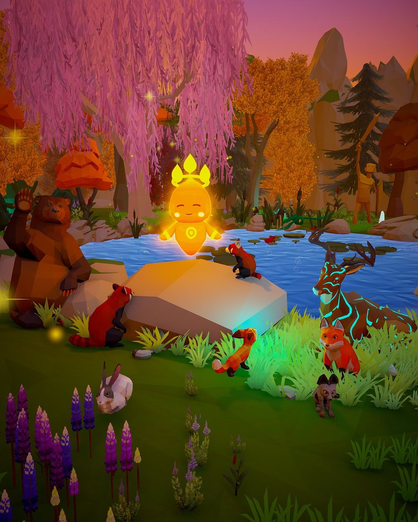 The grove at dusk under a pink willow: the light being sits on a rock by the stream, and around it a bear, two red pandas, two foxes, a rabbit and a deer with glowing patterns on its coat, with lupines in front