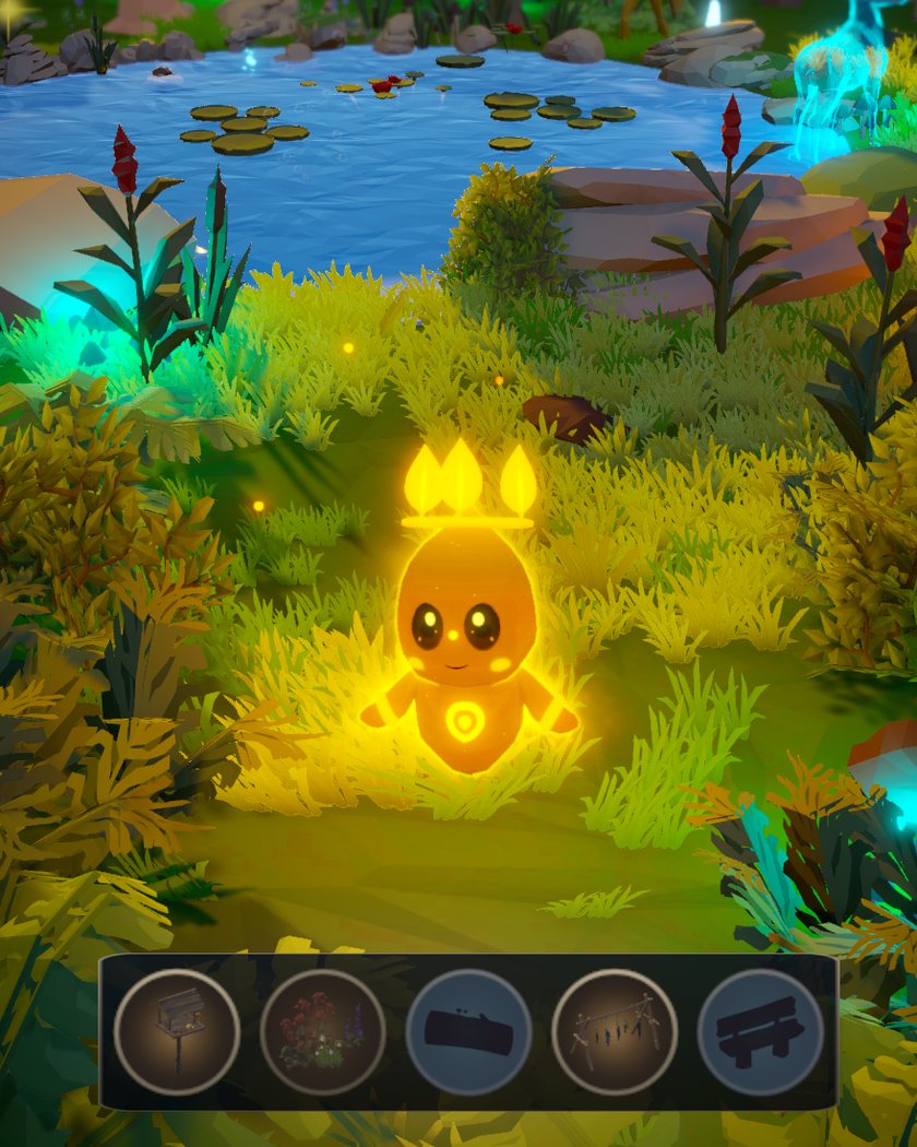 The glowing light being in the grass. At the bottom of the screen a row of round slots: a bird feeder, clover and a fish rack already found, a log and a bench still dark