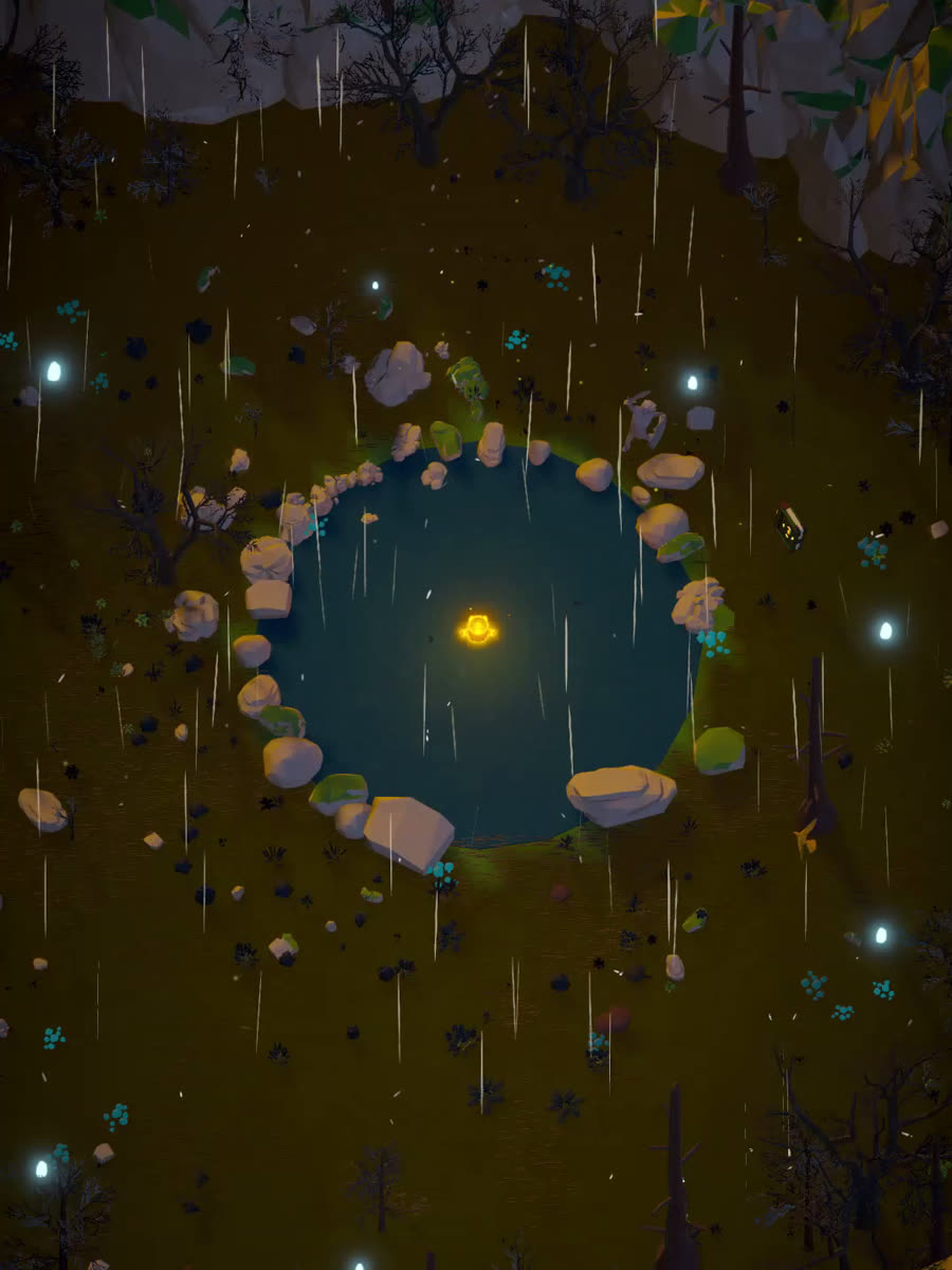 A riverbank at night, dark and asleep: grey willows, a black river and the small glowing light being in the grass
