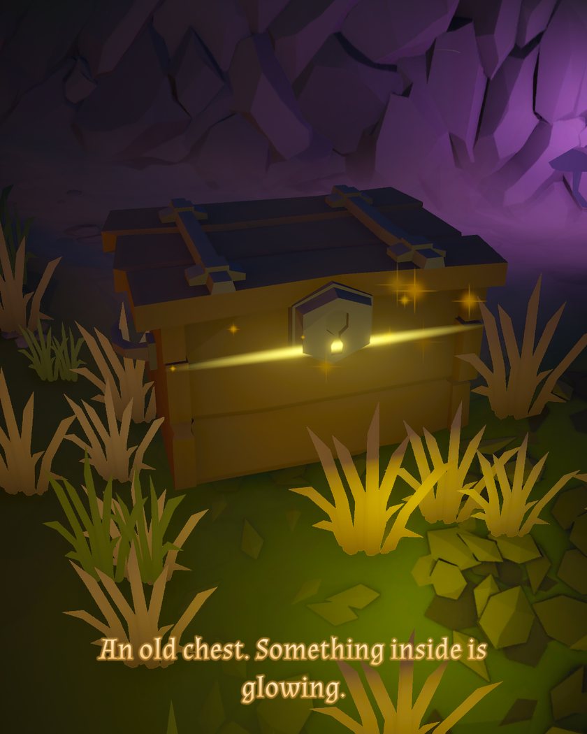 An old wooden chest at the foot of a purple cliff, warm light spilling from under its lid and small sparks rising
