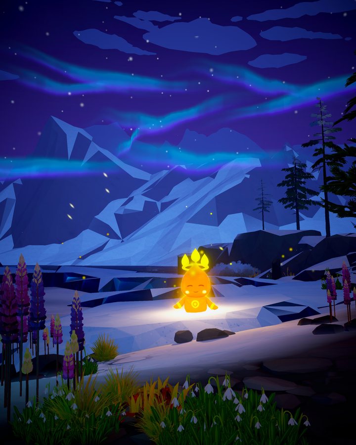 Snowy mountains under green northern lights, the light being in the snow by a frozen lake, with lupines and snowdrops in front