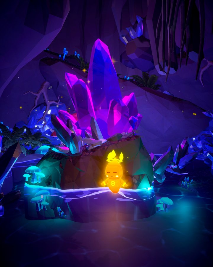 Tall magenta and blue crystals in a dark cave of roots, glowing mushrooms around them and the light being sitting on a mossy rock in front