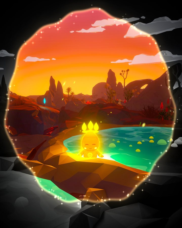 A ring of light in a grey, sleeping desert: inside it the sky glows orange behind red rock spires and the light being sits by a turquoise oasis that has just woken