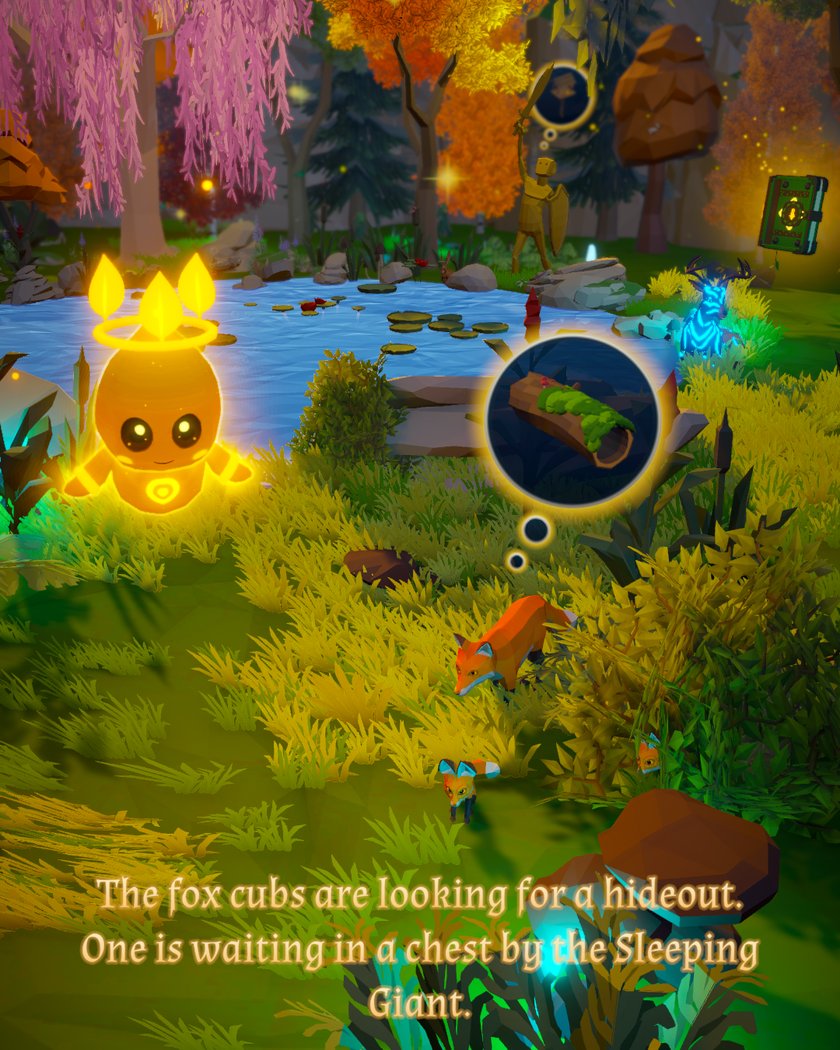 A thought bubble with a hollow log floats above a fox and her cub by the grove pond, the light being standing beside them. Below it the words: The fox cubs are looking for a hideout. One is waiting in a chest by the Sleeping Giant.